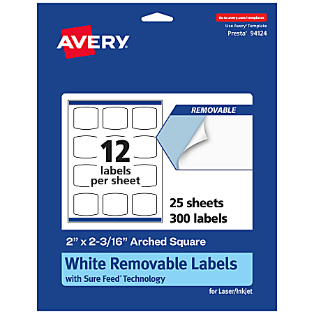 Avery® Removable Labels With Sure Feed®, 94124-RMP25, Arched Square, 2" x 2-3/16", White, Pack Of 300 Labels