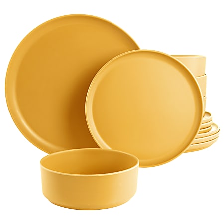 Gibson Home Canyon Crest 12-Piece Round Melamine Dinnerware Set, Yellow