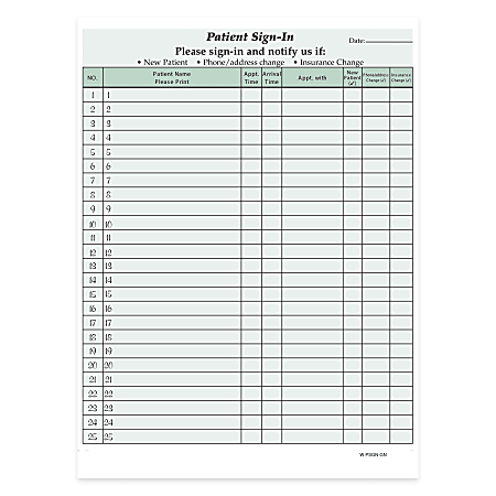 HIPAA Compliant Patient/Visitor Privacy 2-Part Sign-In Sheets, 8-1/2" x 11", Green, Pack Of 125 Sheets