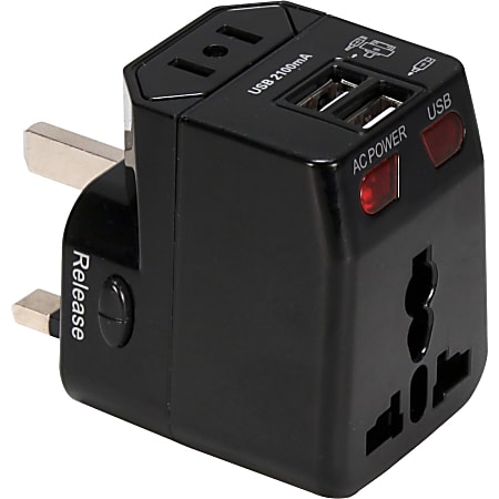 QVS Premium World Travel Power Adaptor with Surge Protection & 2.1A Dual-USB Charger - Power adapter - 3 output connectors (USB, power) - black