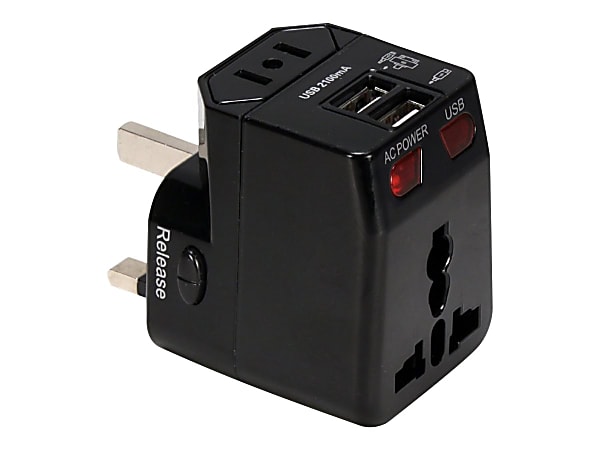 QVS Premium World Travel Power Adaptor with Surge Protection & 2.1A Dual-USB Charger - Power adapter - 3 output connectors (USB, power) - black