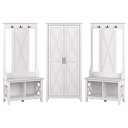 Bush® Furniture Key West Entryway Storage Set With Hall Tree, Shoe Bench And Tall Cabinet, Pure White Oak, Standard Delivery