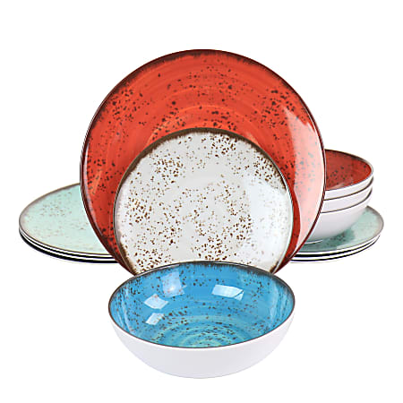 Elama Pryce 12-Piece Melamine Dinnerware Set, Assorted Colors