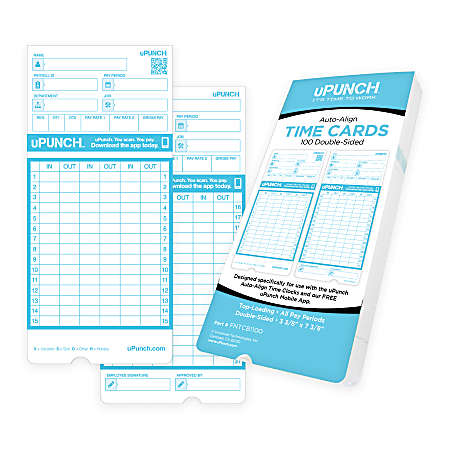 uPunch Pay-to-Punch Time Cards For SB1200 Time Clock, 3-7/16" x 7-7/16", Pack Of 100 Cards