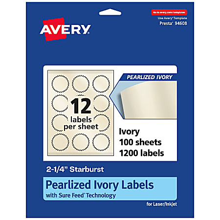 Avery® Pearlized Permanent Labels With Sure Feed®, 94608-PIP100, Starburst, 2-1/4", Ivory, Pack Of 1,200 Labels