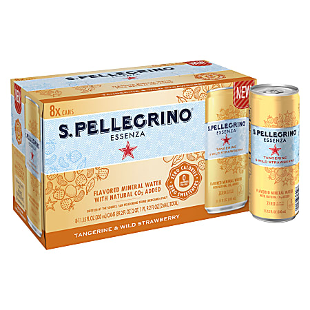 Nestlé® S.Pellegrino Essenza Flavored Mineral Water, Tangerine & Wild Strawberry, 11.15 Oz, Pack Of 8 Cans