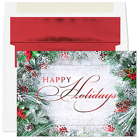 Custom Embellished Holiday Cards And Foil Envelopes, 5-5/8" x 7-7/8", Frosted Greens, Box Of 25 Cards/Envelopes