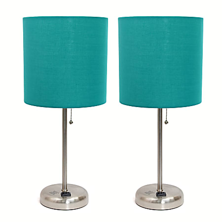 LimeLights Stick Desktop Lamps With Charging Outlets, 19-1/2", Teal Shade/Brushed Nickel Base, Set Of 2 Lamps