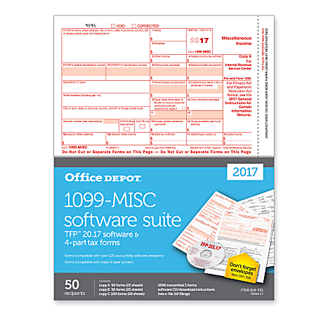 Office Depot® Brand 1099-MISC Inkjet/Laser Tax Forms With Software For 2017 Tax Year, 2-Up, 4-Part, 8 1/2" x 11", Pack Of 50