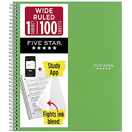 Five Star® Spiral Notebook Plus Study App, 1 Subject, Wide Ruled, 8" x 10 1/2", Retro Green