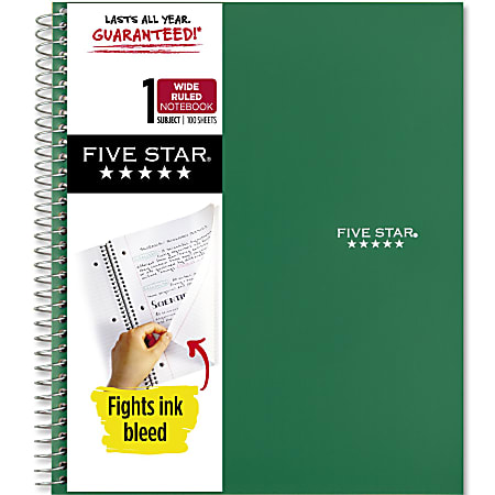 Five Star® Wirebound Notebook, 8" x 10-1/2", 1 Subject, Wide Ruled, 100 Sheets, Forest Green