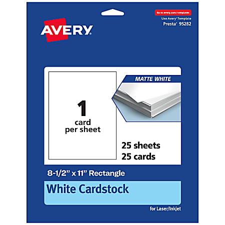 Avery® Printable Cards, 95282-MWC25, Rectangle, 8.5" x 11", Matte White, Pack Of 25