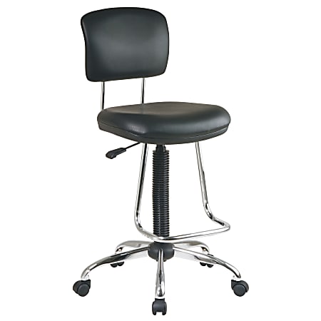 Chrome Finish Economical Chair with Teardrop Footrest.; Pneumatic Drafting Chair with Vinyl Stool and Back.; Height Adjustment 26" to 36" overall.; Heavy Duty Chrome Base with Dual Wheel Carpet Casters.;