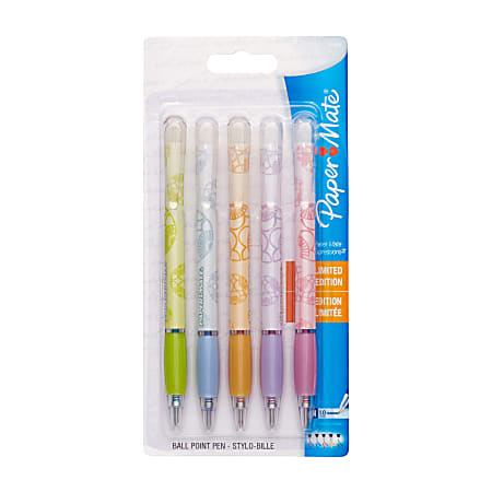 Paper Mate® Expressions Ballpoint Stick Pens, Medium, 1.0 mm, Assorted Fashion Barrels, Assorted Ink Colors, Pack Of 5