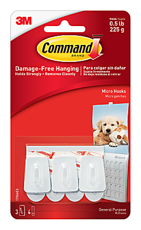 3M™ Command™ General Purpose Removable Plastic Hooks, Micro, 0.5-Lb Capacity, Pack Of 3