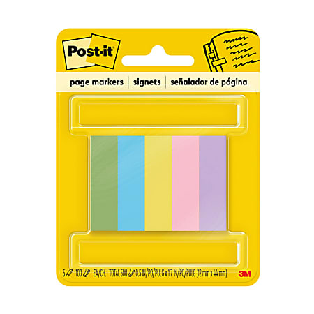 Post-it® Notes Page Markers, 1/2" x 2", Jewel Pop Colors, 100 Per Pad, Pack Of 5 Pads