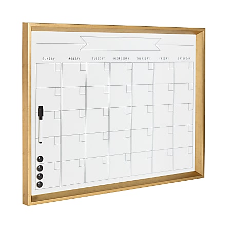 Kate and Laurel Calter Magnetic Framed Dry-Erase Calendar, Melamine, 21-1/4&rdquo; x 27-1/2&rdquo;, White, Gold Plastic Frame