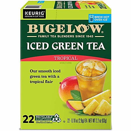 Bigelow Tropical Iced Green Tea K-Cup Pods, 0.10 Oz, Pack Of 22 Pods