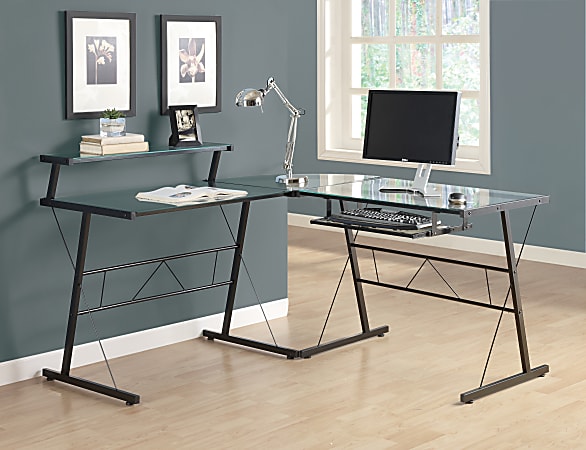 Monarch Specialties 58"W L-Shaped Glass Corner Desk, Clear/Black