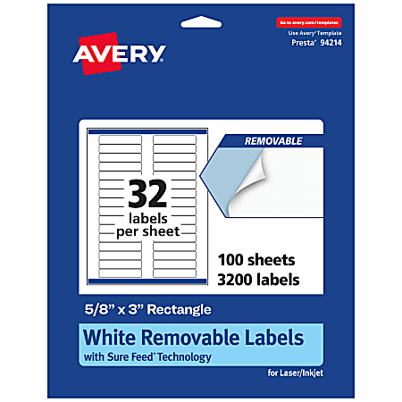 Avery® Removable Labels With Sure Feed®, 94214-RMP100, Rectangle, 5/8" x 3", White, Pack Of 3,200 Labels
