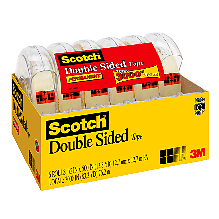 Scotch Permanent Double Sided Tape with Dispenser, 1/2 x 25 yds., Clear, 6  Pack (665-6PKC40)