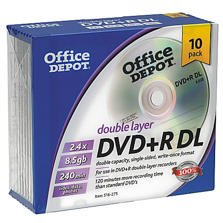 Office Depot® Brand DVD+R Recordable Double Layer Media With Slim Jewel Cases, 8.5GB/240 Minutes, Pack Of 10