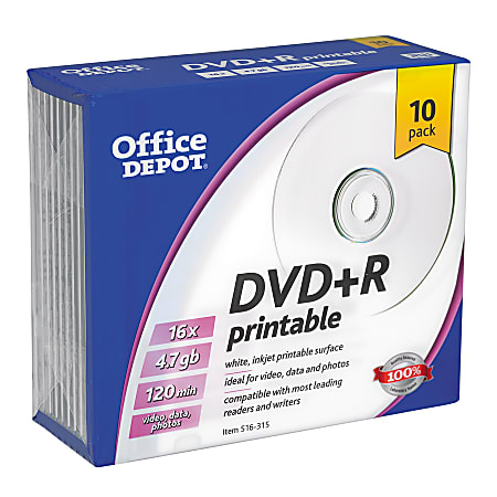 Office Depot® Brand DVD+R Recordable Inkjet-Printable Media With Slim Jewel Cases, 4.7GB/120 Minutes, Pack Of 10