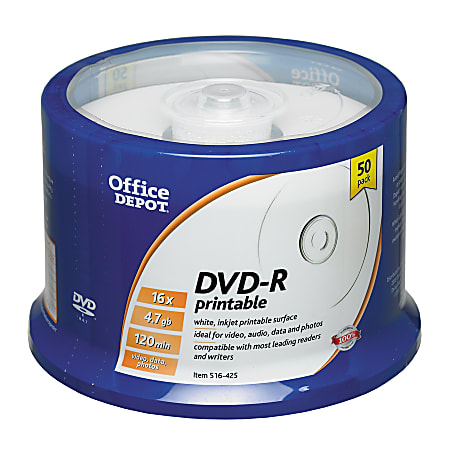 Office Depot® Brand DVD-R Recordable Media Spindle, Inkjet Printable, 4.7GB/120 Minutes, Pack Of 50