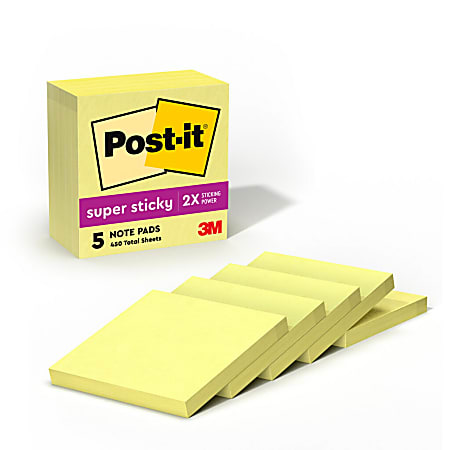 Post-it® Super Sticky Notes, 3" x 3", Canary Yellow, 90 Notes/Pad, Pack Of 5 Pads