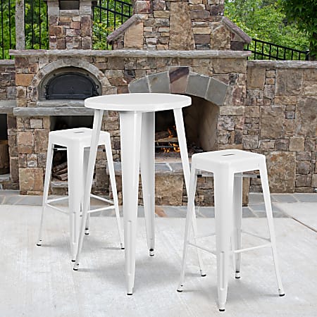 Flash Furniture Commercial-Grade Round Metal Indoor/Outdoor Bar Table Set With 2 Square-Seat Backless Stools, 41"H x 24"W x 24"D, White