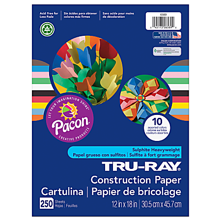 Pacon® Tru-Ray Construction Paper Bulk Assortment, 12" x 18", 10 Assorted Colors, Pack Of 250 Sheets