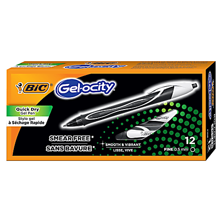 BIC® Gel-ocity Smooth Stic Quick-Dry Retractable Gel Pens, Fine Point, 0.5 mm, Black Barrel, Black Ink, Pack Of 12 Pens