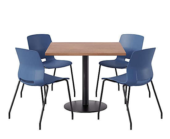 KFI Studios Proof Cafe Pedestal Table With Imme Chairs, Square, 29”H x 42”W x 42”W, River Cherry Top/Black Base/Navy Chairs