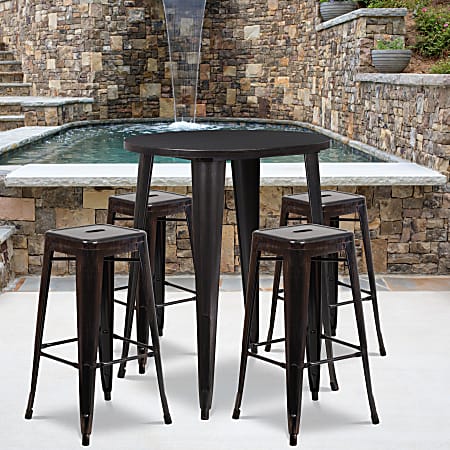 Flash Furniture Commercial-Grade Round Metal Indoor-Outdoor Bar Table Set With 4 Square-Seat Backless Stools, 41"H x 30"W x 30"D, Black/Antique Gold