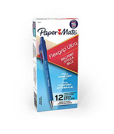 Paper Mate® FlexGrip Ultra™ Retractable Pens, Medium Point, 1.0 mm, 42% Recycled, Blue Barrel, Blue Ink, Pack Of 12 Pens