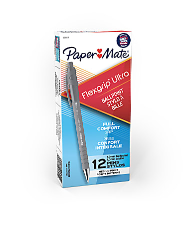 Paper Mate® FlexGrip Ultra™ 42% Recycled Retractable Pens, Medium Point, 1.0 mm, Gray Barrel, Black Ink, Pack Of 12