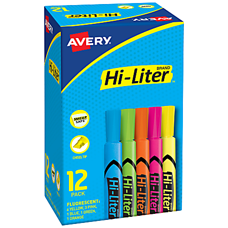Avery® Hi-Liter® SmearSafe® Highlighters, Chisel Tip, Desk-Style,