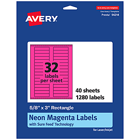Avery® Printable Labels With Sure Feed® Technology, 94214-NMP40, Rectangle, 5/8" x 3", Matte Neon Magenta, Pack of 1280