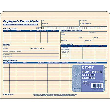 Tops 3280 Employee Record Master File Jacket Pack of 20 9 1/2 x 11 3/4 - New 10 Point Manila 