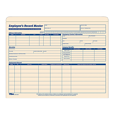 TOPS® Employee Record Master File Jackets, 11 3/4" x 9 1/2", Manila, Pack Of 20