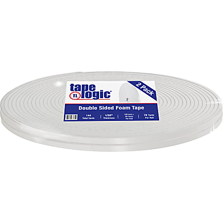 Tape Logic Double-Sided Foam Tape, 1/2" x 72 Yd, White, Pack Of 2 Rolls