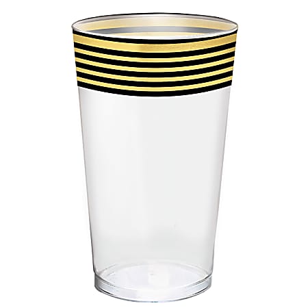 Amscan Stripe Premium Plastic Tumblers, 16 Oz, Black/Metallic Gold, 16 Tumblers Per Pack, Case Of 2 Packs