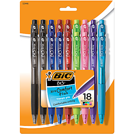 BIC BU3 Grip Retractable Ballpoint Pens, Medium Point, 1.0 mm, Assorted Barrel Colors, Assorted Fashion Ink Colors, Pack Of 18 Pens