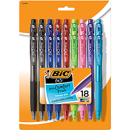 BIC BU3 Grip Retractable Ballpoint Pens Medium Point 1.0 mm Assorted Barrel Colors Assorted Fashion Ink Colors Pack Of 18 Pens