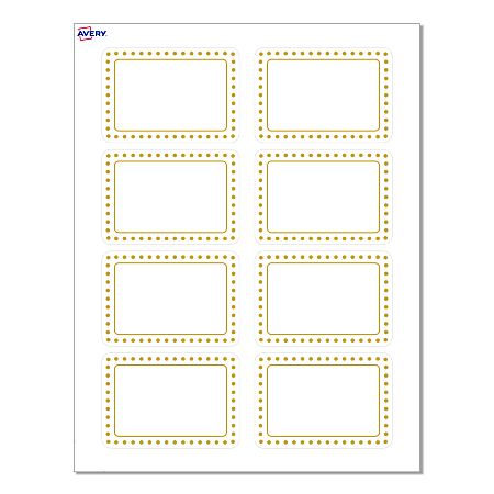 Avery® Adhesive Name Badges, S00-EY0-PRFNB10, Rectangle, 2-1/3" x 3-3/8", Matte White, Preprinted Gold Border with Gold Dots Design, Pack Of 80