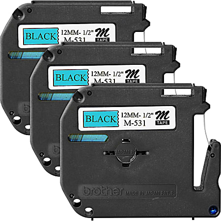 Brother® P-touch Nonlaminated M Series Tape Cartridge, 1/2"W x 26 1/5'L , Rectangle, Blue, Black, 3 Per Bundle