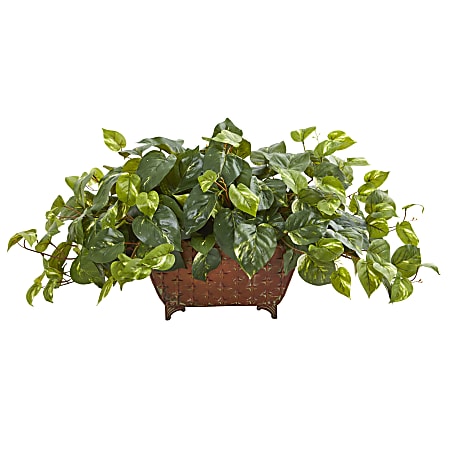 Nearly Natural Pothos 15”H Artificial Plant With Metal Planter, 15”H x 34”W x 14”D, Green