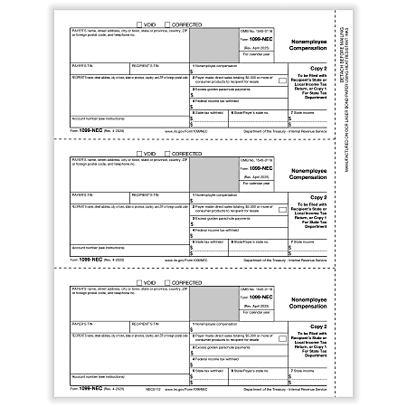 ComplyRight® 1099-NEC Tax Forms, Payer Copy C, 3-Up, 8-1/2" x 11", Pack Of 150 Forms
