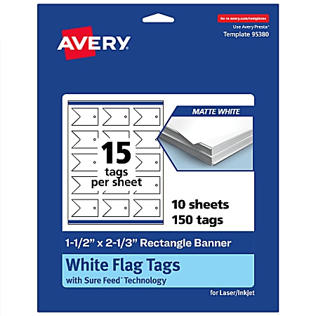 Avery® Print-To-The-Edge Flag Tags With Sure Feed® Technology, 1-1/2"x2-1/3" Rectangle Banner, Matte White, Pack Of 150