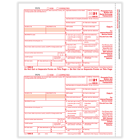 ComplyRight™ 1099-B Tax Forms, 2-Up, Federal Copy A, Laser, 8-1/2" x 11", Pack Of 100 Forms